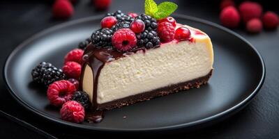 Delicious cheesecake slice adorned with fresh berries and chocolate on a sleek black plate photo