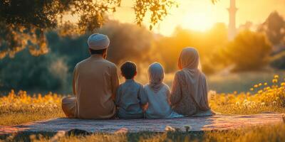 Family enjoying a sunset together in a tranquil park setting with vibrant flowers photo