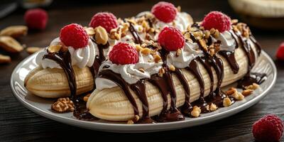 Delicious dessert featuring bananas topped with chocolate sauce, whipped cream, nuts, and fresh raspberries served on a plate photo