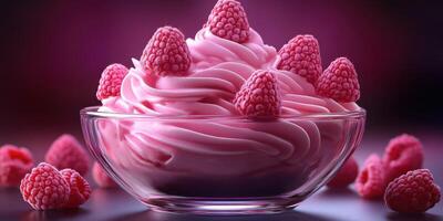 Creamy raspberry dessert in a glass bowl garnished with fresh raspberries set against a vibrant background photo