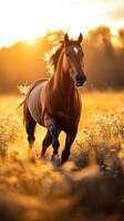 Majestic horse runs through golden field at sunset creating a serene atmosphere of beauty and freedom photo