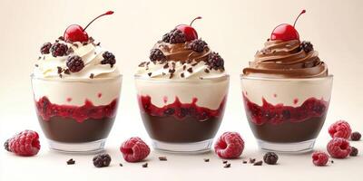 Delicious dessert cups filled with layers of chocolate, cream, and berries served in a visually appealing arrangement photo