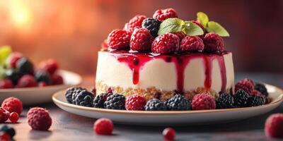 Delicious dessert featuring layered cheesecake topped with fresh raspberries and blackberries at a rustic setting photo