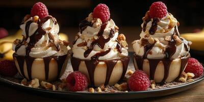 Indulgent dessert bowls featuring rich chocolate sauce, whipped cream, and fresh raspberries served at a sunny cafe photo