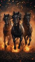 Powerful black horses galloping through a cloud of dust while sparks fly around them photo