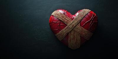 Heart made of red material with natural fibers wrapped around it on a dark background photo