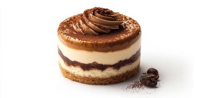 Delicious chocolate and coffee layered cake garnished with creamy frosting and cocoa powder on a white background photo