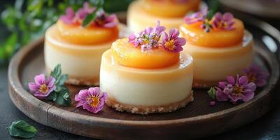 Mini cheesecake desserts topped with peach slices and edible flowers on a wooden platter photo