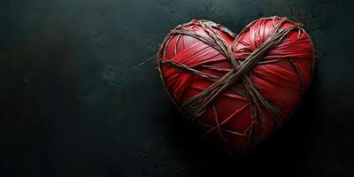 Heart wrapped in twine displayed on a dark background, symbolizing love and connection photo