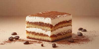 Delicious layered dessert featuring coffee flavors, cream, and cocoa presented on a minimalist background photo