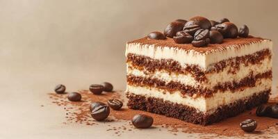 Indulging in a decadent coffee-flavored cake topped with dark chocolate and coffee beans photo