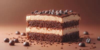 Layered chocolate cake with coffee beans on a brown background captured in a soft light setting photo
