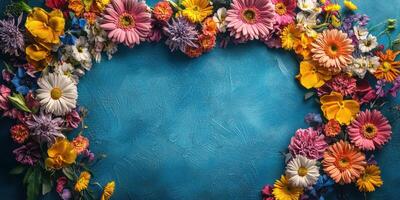 Bright and vibrant floral arrangement on a blue textured background showcasing spring's beauty photo