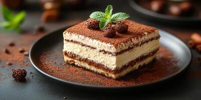 Delicious homemade dessert served on a black plate with chocolate dust and mint garnish in a cozy cafe setting photo