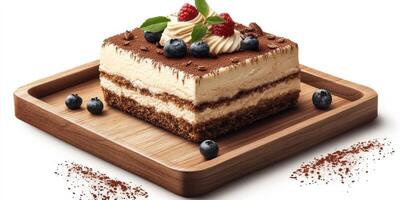 Delicious dessert display featuring layers of cake, cream, and fresh berries on a wooden plate in a bright kitchen photo