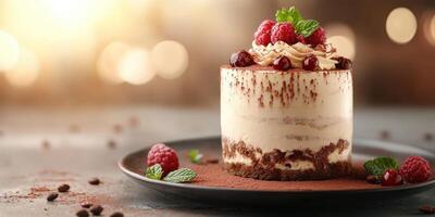 Delicious layered dessert with chocolate, raspberries, and mint on a dark plate in a warm setting photo