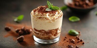 Delicious dessert featuring creamy layers with cocoa powder and mint garnishing on a dark surface photo