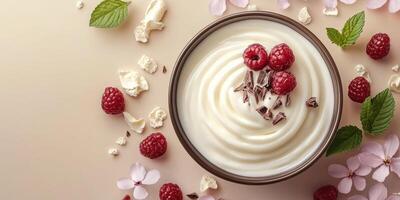 Delicious raspberry yogurt dessert garnished with mint and chocolate on a light background photo