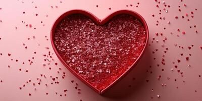 Heart-shaped box filled with red and pink heart confetti for romantic occasions and celebrations photo