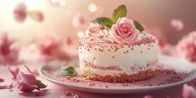 Beautiful floral cake adorned with pink roses and petals, perfect for celebrations and special occasions photo