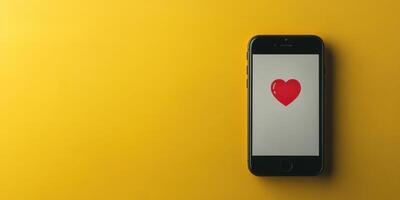Smartphone displaying a red heart icon against a bright yellow background in a modern setting photo