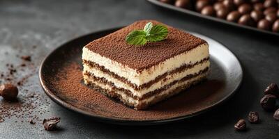 Delicious layered dessert served on a dark plate with a mint garnish in a cozy cafe setting photo