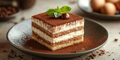 Delicious tiramisu dessert served on a dark plate with coffee beans and eggs in soft focus background photo
