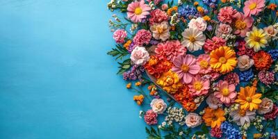 Colorful spring flowers arranged in a heart shape on a blue backdrop for decoration and celebration photo
