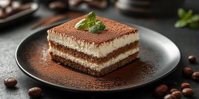 Delicious homemade tiramisu served on a black plate with coffee beans scattered around in a cozy kitchen setting photo