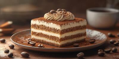 Delicious layered dessert with coffee flavor, whipped cream, and chocolate on a rustic wooden table photo