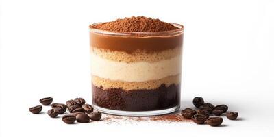 Delicious layered dessert in a glass showcasing chocolate, coffee, and cream with cocoa powder on top photo