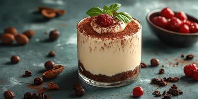 Delicious dessert featuring layers of creamy mascarpone, cocoa, and fresh raspberries on a rustic table setting photo