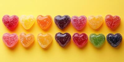 Colorful heart-shaped gummy candies displayed on a vibrant yellow backdrop for festive occasions photo