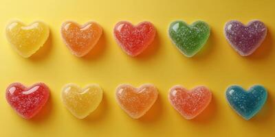 Colorful heart-shaped gummies arranged in a line on a vibrant yellow background giving a cheerful aesthetic photo