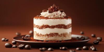 Delicious coffee-flavored layered cake topped with whipped cream and chocolate decoration on a dark plate photo