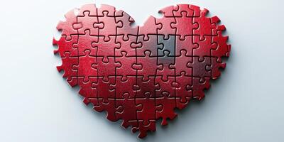 Heart-shaped puzzle pieces in shades of red on a light background illustrating love and connection photo