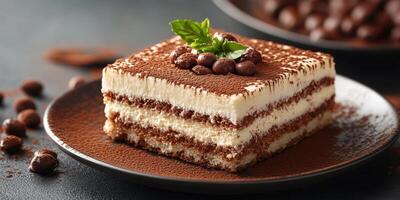 Delicious layered dessert with cocoa and coffee served on a dark plate in a cozy setting photo