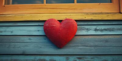 Red heart decoration on a rustic blue wooden wall near a yellow window in a cozy setting photo