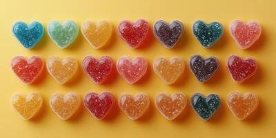 Heart-shaped gummy candies in various colors arranged on a bright yellow surface photo