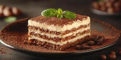 Delicious chocolate cake served on a dark plate with coffee beans and mint leaves in a cozy setting photo
