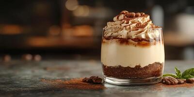 Dessert features layers of creamy mascarpone, coffee, and chocolate in an elegant glass on a wooden counter photo