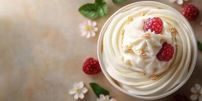 Delicious whipped cream dessert topped with fresh raspberries and decorative flowers in a cozy setting photo