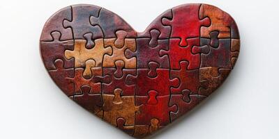 Colorful heart-shaped puzzle pieces arranged creatively on a white background, symbolizing love and connection through collaborative play photo