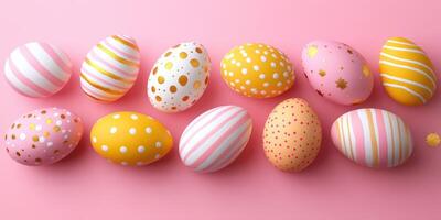 Colorful Easter eggs displayed on a pink background during spring celebration photo