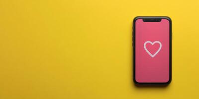 Mobile phone on bright yellow surface featuring heart symbol, conveying themes of love and connection photo