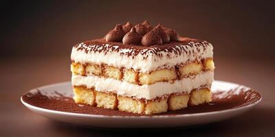 Layered dessert featuring cream and cocoa atop soft sponge cake displayed on a white plate in a dimly lit setting photo