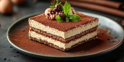 Delicious dessert on a plate with chocolate layers and mint garnish served in an elegant setting photo