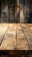 Rustic wooden table surface with visible grain patterns and warm tones in a cozy setting photo
