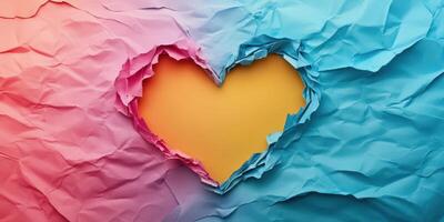 Heart-shaped cutout in vibrant crumpled paper illustrates creativity and artistic expression photo