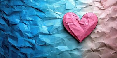 Heart crafted from paper sits against a textured blue and pink background showcasing creativity and love photo